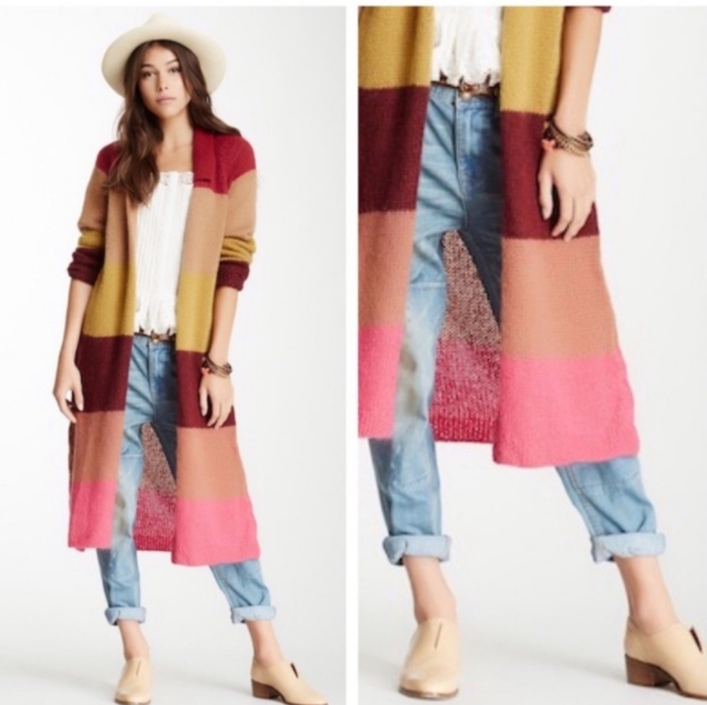 Free People Over The Rainbow Multicolor Long Striped Cardigan Sweater Large